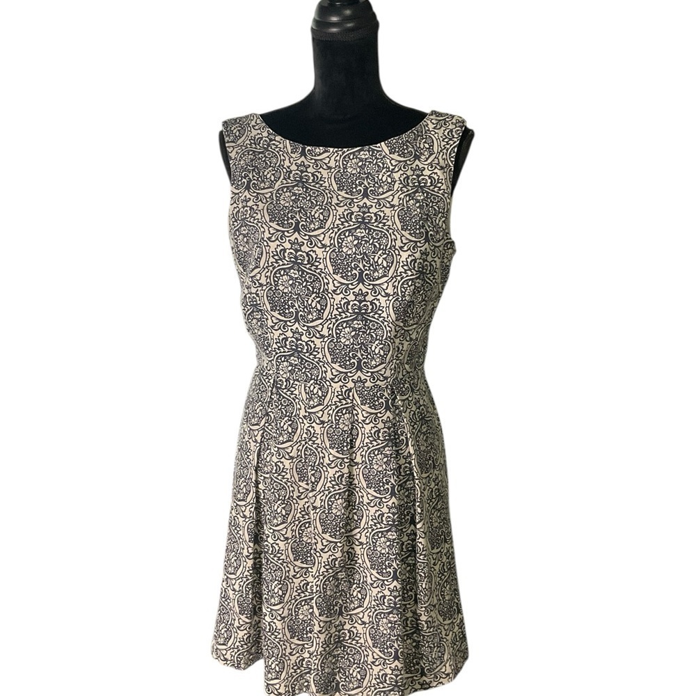 Pink Martini Blue and Cream Patterned Fit and Flare Linen Dress